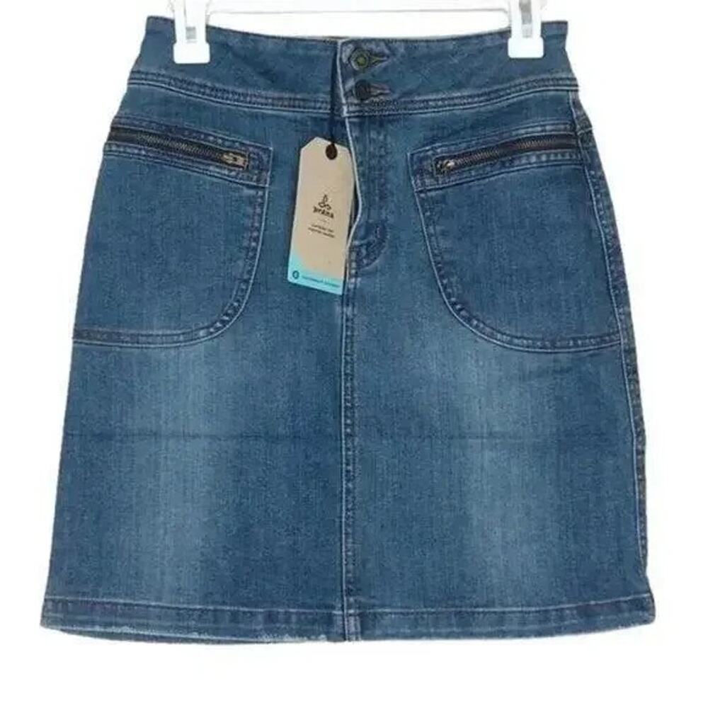 NWT prAna Broadway Denim Mini Jean Skirt Zipper Patch Pockets 2 True Blue #3232 - Picture 13 of 14